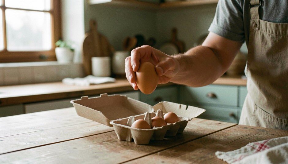 Mani che sollevano un uovo bruno da un cartone aperto su un tavolo di legno, in una cucina di campagna alla luce del mattino