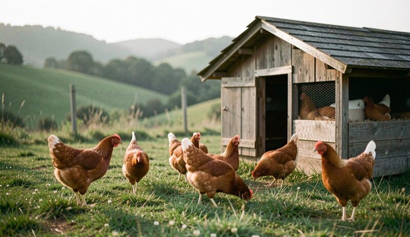 Galline rosse che razzolano sull'erba davanti a un piccolo pollaio di legno, colline verdi sullo sfondo nella luce del mattino